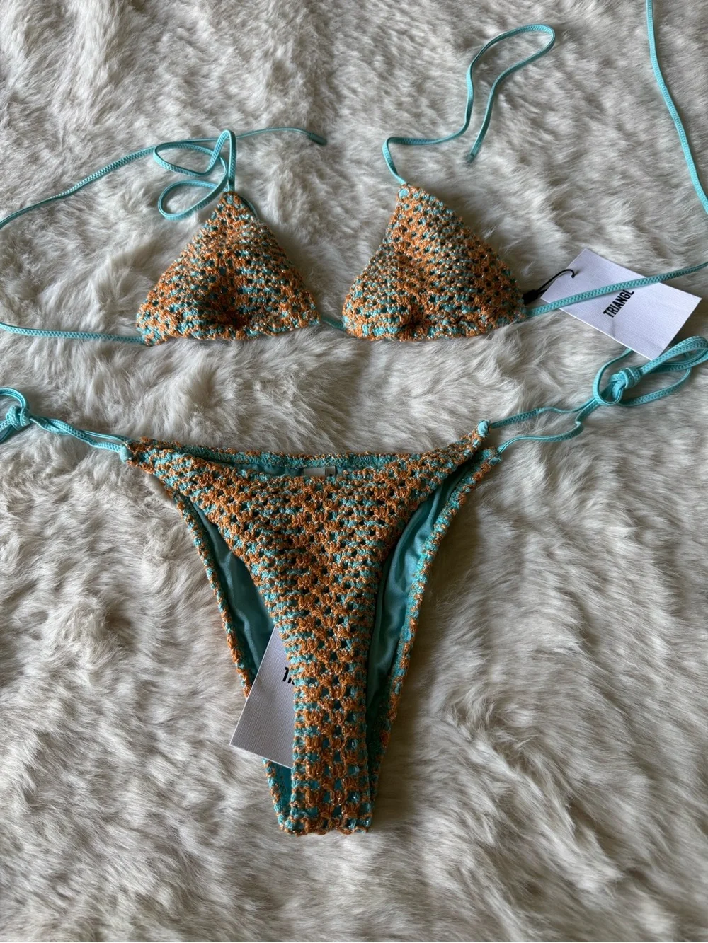 triangl swimwear Crochet Tie-Side Bikini in Turquoise and Tan